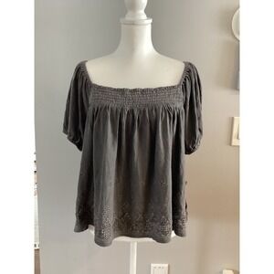 New Lucky Brand Gray Smocked Square Neck Eyelet Boho Peasant Blouse Top XL